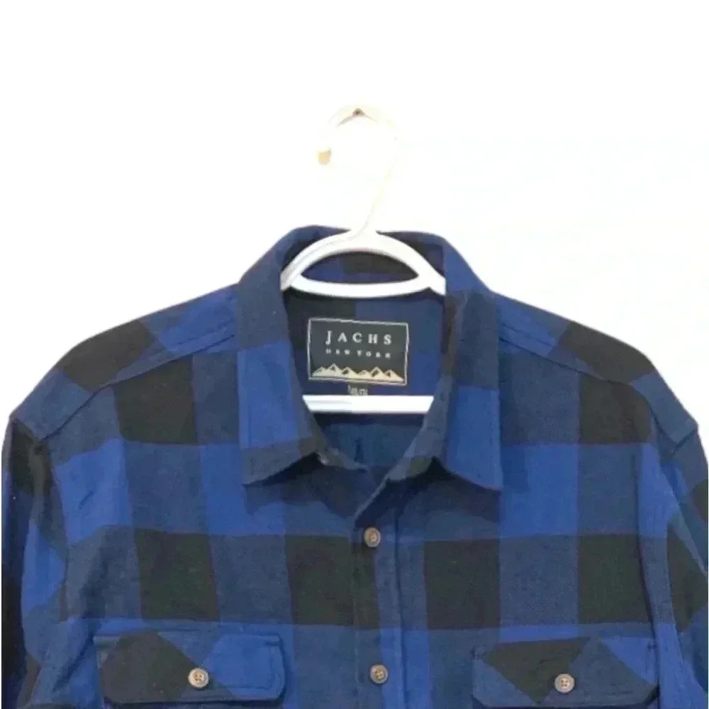 JACHS 100% heavy cotton flannel men’s button down shacket, blue and black plaid